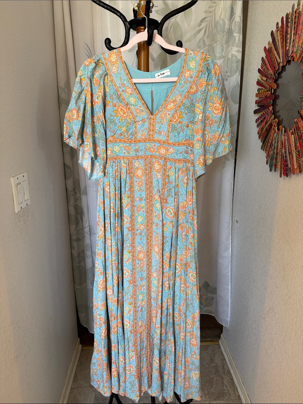Floral V-Neck Maxi Dress in Light Blue and Orange